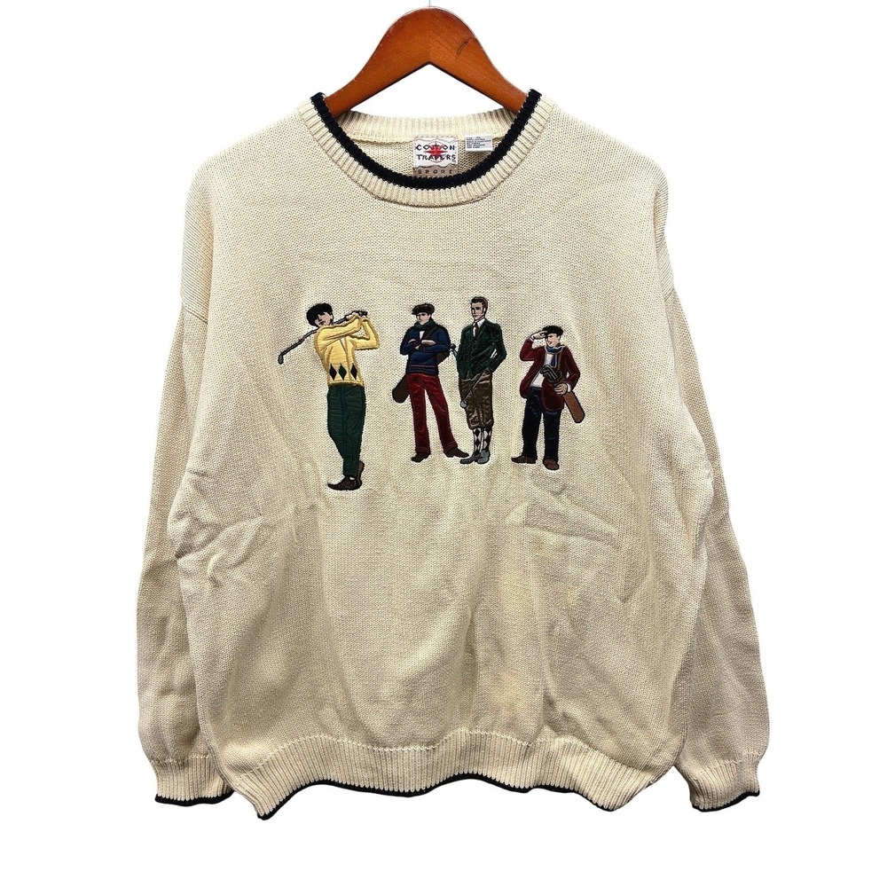 Cotton Traders Vintage Golfers Embroidered Sweater Mens XL Cream Knit Preppy